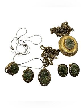 Vintage Gold Tone Green Jade Chip Jewelry Lot Locket Pendants Earrings Ring